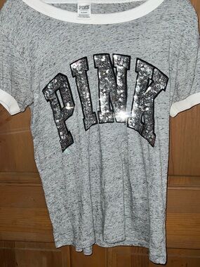 PINK Victoria's Secret Heather Gray Tee with Silver Sequin Logo